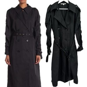 Walter Baker Black Jennifer Belted Lightweight Ruched Sleeve Trenchcoat Sz Small
